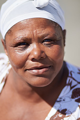 Image showing Black woman, senior and skin portrait outdoor feeling relax and calm in the sun. Summer, real and African female person face with mature beauty closeup and natural wrinkles in retirement and sunshine