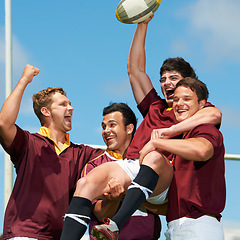 Image showing Winner, victory and rugby with a team in celebration together outdoor after a game or competition. Fitness, sports and energy with a winning man athlete group celebrating scoring a try or success