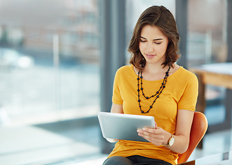 Image showing Business woman with tablet in office, research ideas and inspiration for project with SEO at digital marketing agency. Creative female designer, content for website and technology with mockup space