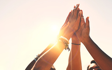 Image showing Hands, high five and and group of people outdoors for solidarity, trust and goal collaboration. People, commitment and friends with hand in support of success, celebration and partnership or unity