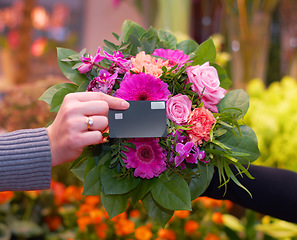 Image showing Florist, flowers and hand of woman with credit card for payment, tap and floral purchase. Closeup of flower, bouquet and customer shopping for fresh and roses at a nursery with debit card for billing