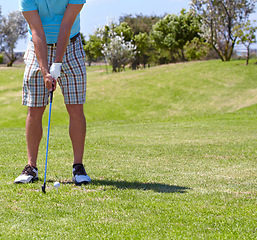 Image showing Closeup, golf and man with a shot on the course, balance and fitness with a competition, health or playing. Zoom, male player or athlete on grass, golfer and match for wellness, sunshine and sports