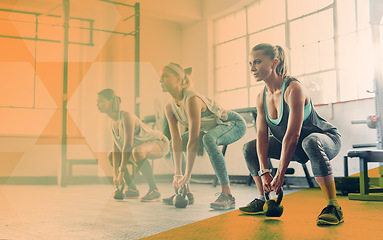 Image showing Kettlebell, fitness and women group at gym for exercise, workout and training in class. Athlete women together in row for power challenge, commitment or strong muscle at a wellness club with overlay