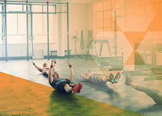 Image showing Sit up, fitness and group of people at gym for exercise, workout and training goals. Athlete men and women together for power challenge, v crunch and strong muscle at club with mockup overlay