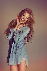 Image showing Happy, smile and fashion with portrait of woman for casual, trendy and retro. Happiness, filter and confident with female model isolated on studio background for cool, excited and cute style