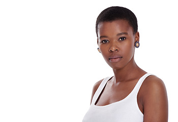 Image showing Natural beauty, face and a black woman portrait in studio for facial shine, skincare and dermatology. Serious headshot of a real female person isolated on a white background with mockup space