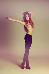 Image showing Dance fashion, young woman and portrait of a dancer model with casual style and confidence. Isolated, studio background and dancing pose of a female person with youth, body freedom and natural beauty