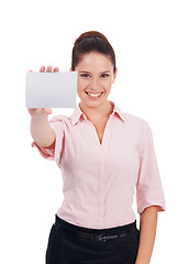 Image showing Mockup, business card and smile with portrait of woman in studio for idea, networking and show. Corporate, signage and happy with employee and paper on white background for news and presentation