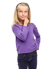 Image showing Thinking, mockup and girl with ideas, fantasy and confidence isolated against a white studio background. Young person, female child and kid with thoughts, wonder and ponder with daydreaming and smile