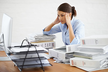 Image showing Businesswoman, paperwork and workload stress from office, documents and company employee, tired and work burnout. Female secretary, frustrated and desk of business files, corporate reports and admin