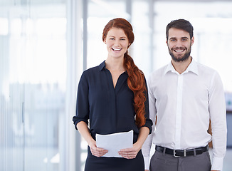 Image showing Portrait, man and woman with documents, business and planning with confidence, workplace and teamwork. Face, happy male employee and female consultant with paperwork, partnership and collaboration