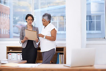 Image showing Business women, paperwork and talking in office for planning, brainstorming or advice. Corporate team or manager and employee together for discussion, collaboration or teamwork on a report or project