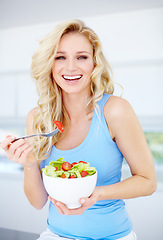 Image showing Woman, portrait smile and salad bowl for healthy eating, nutrition or dieting in the kitchen at home. Happy female person smiling in happiness for vegetable diet, organic meal or natural food indoors