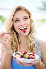 Image showing Happy woman, smile and fruit bowl for healthy diet, eating or fiber nutrition outdoors. Female person smiling in happiness or satisfaction for sustainability, organic meal or natural food in nature