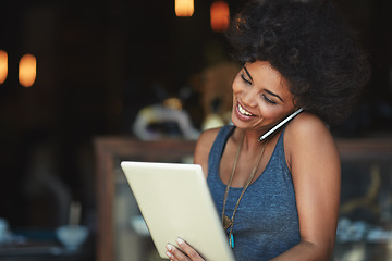 Image showing Tablet, phone call and booking with a woman in a coffee shop to process an online order for takeaway. Contact, technology and communication with a black female cafe owner working in a restaurant