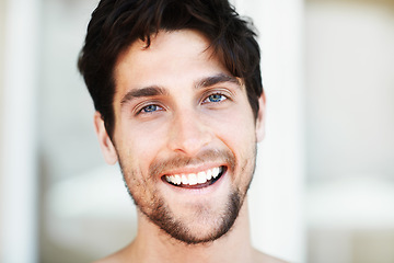 Image showing Portrait, beauty and man with skincare, smile and grooming routine with happiness, joyful and health. Face, male person and happy guy with salon treatment, dermatology and wellness with confidence