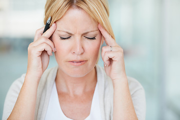 Image showing Stress, headache and business woman with pain, sick and exhausted in office workplace. Burnout, migraine and female person with depression, fatigue or tired, vertigo and brain fog, problem or anxiety