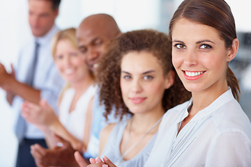 Image showing Business people, portrait and applause in celebration for presentation, meeting or seminar at workshop. Happy group of employees clapping for team coaching, audience or staff training at convention