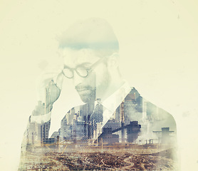 Image showing Business man, double exposure or city and thinking, glasses or mindset of planning, idea or vision. Businessman, future or solution with creative abstract overlay of buildings, cbd or urban cityscape