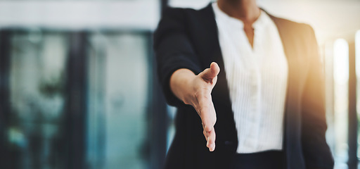 Image showing Hiring, success or businesswoman shaking hands in b2b meeting for project or contract agreement. Teamwork, handshake zoom or worker with job promotion, deal negotiation or partnership opportunity