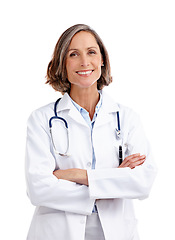 Image showing Portrait, doctor and smile of woman with arms crossed in studio isolated on a white background. Healthcare, face and mature female medical professional from Australia with confidence and happiness.