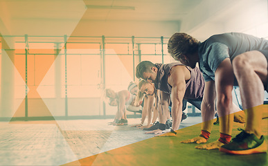 Image showing Fitness people, group and low lunge exercise at gym for workout or training in class. Athlete men and women together for power challenge, commitment or strong muscle at club with a mockup overlay