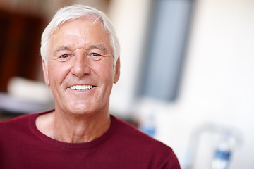 Image showing Portrait, senior man and happy in home, retirement and confidence with wrinkles and satisfied smile. Elderly person, face and wellness in old age or positive, mental health happiness or space in UK