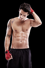 Image showing Fight, thinking and a man for boxing training isolated on black background in studio. Serious, idea and a professional athlete boxer with ideas and planning a cardio workout for fitness and exercise