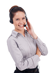 Image showing Call center, happy woman sales consultant with headset and in white background. Telemarketing or communication, customer service and portrait of smiling worker with headphones isolated in studio