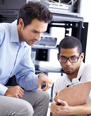 Image showing IT, teamwork and men with clipboard in server room for maintenance, inspection and fixing. Checklist, network technicians and tech support for cybersecurity, information and help in data center.