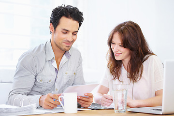 Image showing Happy, documents and business people planning, teamwork and collaboration with taxes, finance and office meeting. Woman, man or partner with paperwork, project solution and reading financial profit