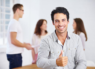 Image showing Man, thumbs up and portrait for winning in office meeting success, achievement and yes, ok or like sign for startup. Face of happy person and okay, thank you or agreement emoji or hand in management