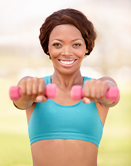 Image showing African woman, dumbbell and outdoor portrait with smile, exercise and commitment with self care, Girl, training and fitness in park, garden or backyard for workout, wellness and health in lifestyle