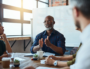 Image showing Meeting, discussion and male manager with his team in the office planning a corporate project. Collaboration, teamwork and African mature businessman talking to colleagues in the workplace boardroom.