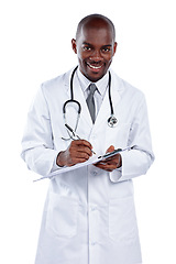 Image showing Portrait, healthcare and insurance with a doctor black man in studio isolated on a white background. Medical, documents and a happy male medicine professional writing on a clipboard while consulting