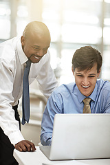 Image showing Business, smile and men with a laptop, conversation and planning for a new project, online reading and teamwork. Employees, happy coworkers and staff with technology, collaboration and partnership