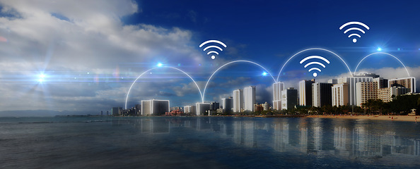 Image showing Connection, internet and city landscape at night for networking. web and cyber network. Tech, lighting and design for connectivity, connections and digital symbol in the sky of a town at the beach