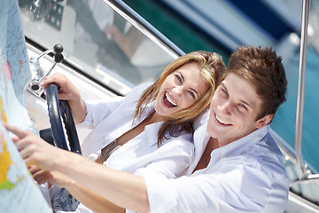 Image showing Yacht, happy and couple sailing on a boat together on luxury holiday or vacation with happiness on a date. Portrait, wealth and young rich man in a relationship with woman travel and bonding for love