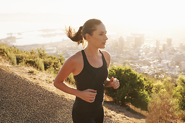 Image showing Run, road and woman with fitness, exercise and training for wellness, balance and healthy lifestyle. Female person, runner and athlete outdoor, workout target and goal with sports, cardio and running