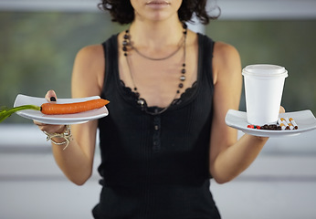 Image showing Addiction, decision and woman with vegetable and pills, coffee and cigarettes for eating disorder and weight loss. Drugs, unhealthy diet and female person with carrot and medication for anorexia