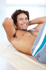 Image showing Portrait, situp and man with smile in gym for health, wellness and core muscle. Training, situps and happy male person or strong athlete workout and exercise for bodybuilding, abs and sports fitness.