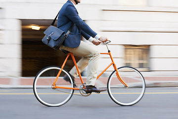 Image showing Bicycle, cycling and legs of business man on a road riding to work or appointment in a street. Carbon footprint, travel and shoes of male on bike traveling in a city on eco friendly transportation