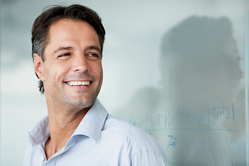 Image showing Happy businessman, face and smile for vision, ambition or success on mockup at the office. Man employee smiling in happiness for career goals, planning or corporate achievement at the workplace