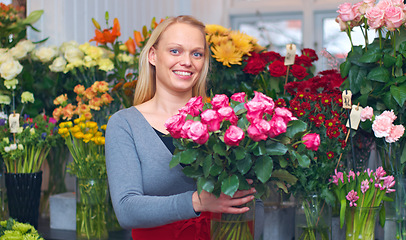 Image showing Flowers, portrait of happy woman with bouquet and florist in greenhouse or small business. Eco friendly or green garden, floral gift and female person working at plant nursery or sustainable market