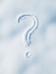 Image showing Question mark drawing in snow, winter and sign, icon or symbol outdoor with punctuation. Grammar, wondering and thinking with doubt, decision and snowy weather, ask and problem solving with faq