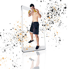 Image showing Portrait, fight and man with mobile app, training and guy isolated against a white studio background. Face, male fighter and athlete with smartphone, technology and practice for match and motivation