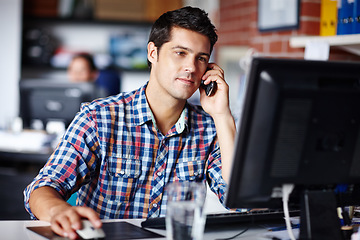 Image showing Business, phone call and man with a computer, planning and connection with conversation in the workplace. Male person, employee and consultant with a pc, technology and smartphone for communication