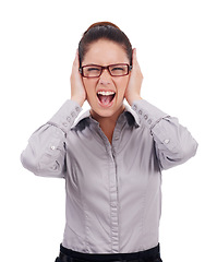 Image showing Business woman, scream and covering ears portrait in studio while frustrated, angry and upset. Face of a professional female person isolated in a white background for noise, stress or conflict