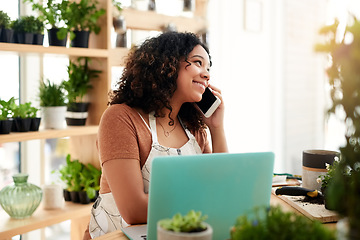 Image showing Laptop, phone call and plant with woman in small business for planning, networking and conversation. Entrepreneurship, startup and technology with female botanist for nature, green and garden shop