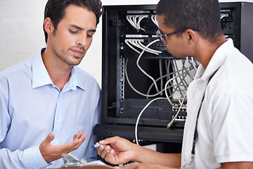 Image showing Server room, man or technician with clipboard for technology in cyber security, software glitch or hardware. Network, database or contract with an engineer talking about tech support or internet help